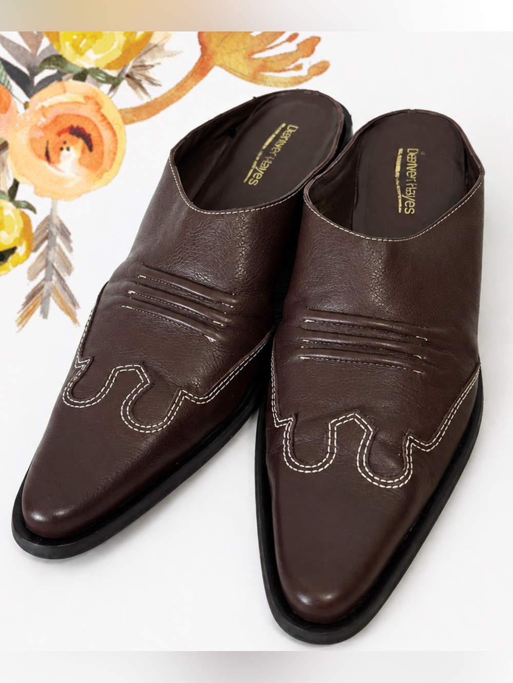Vintage 90s Denver Hayes Brown Leather Western Cowboy Pointed Toe Heeled Mules 8